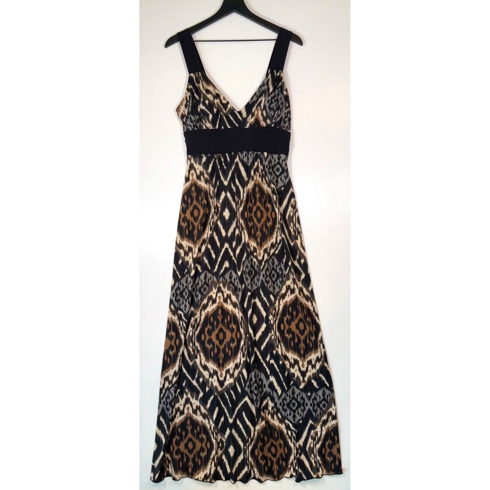 Y2K 90s Babydoll Maxi Dress Size 10 Black Brown Ikat Sleeveless Slinky